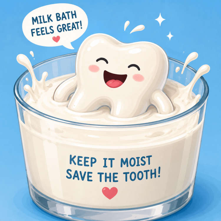 Avulsed tooth kept in milk after being knocked out before emergency dental treatment.