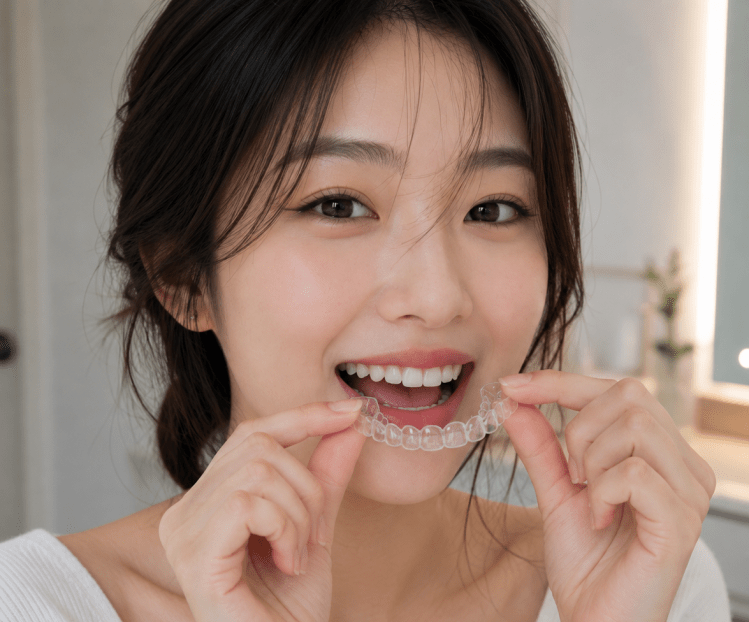 Woman holding clear aligners for orthodontic treatment