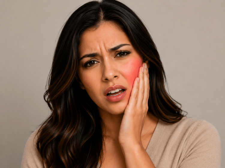 Woman holding her lower left jaw due to tooth pain and toothache.