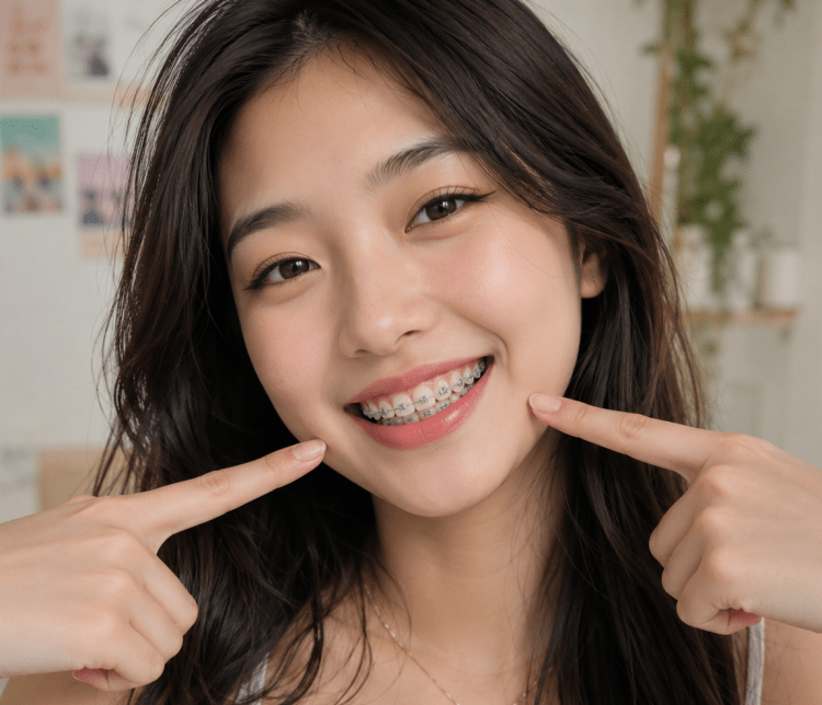 Woman smiling and showing her traditional metal braces