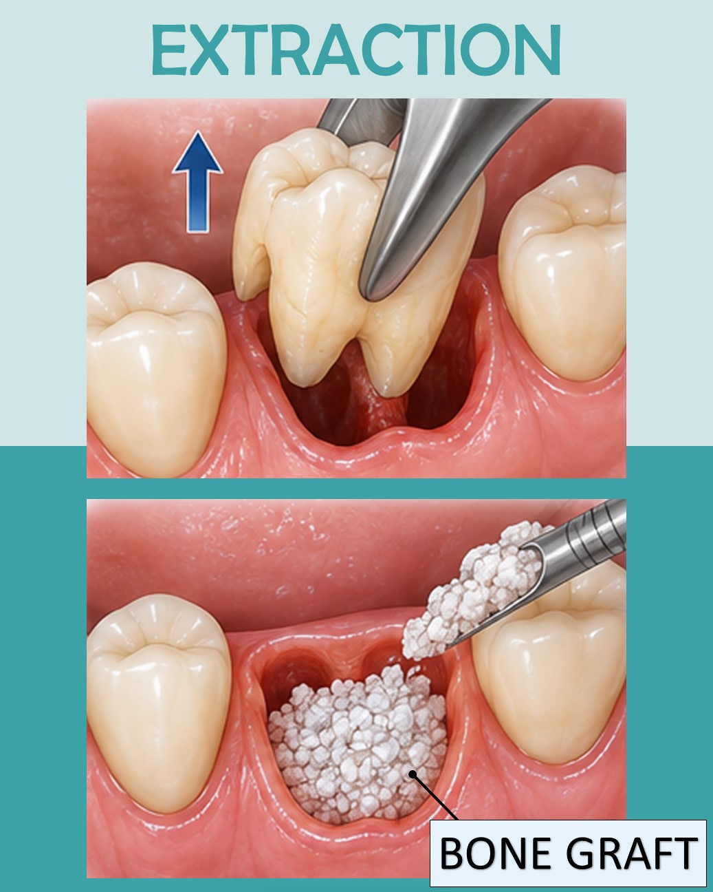 Molar extraction followed by bone graft placement for ridge preservation.