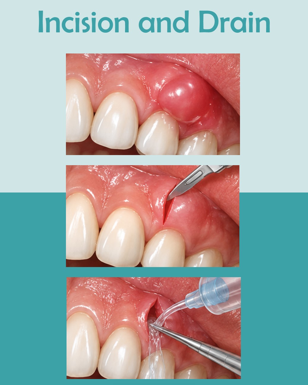 Incision and drainage illustration showing treatment of a dental abscess by making an incision in swollen gum tissue and draining the infection.